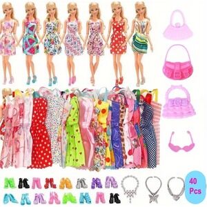 40 Piece Set Fashion Doll Clothing Barbie Style Outfits Accessories Dress Up Lot